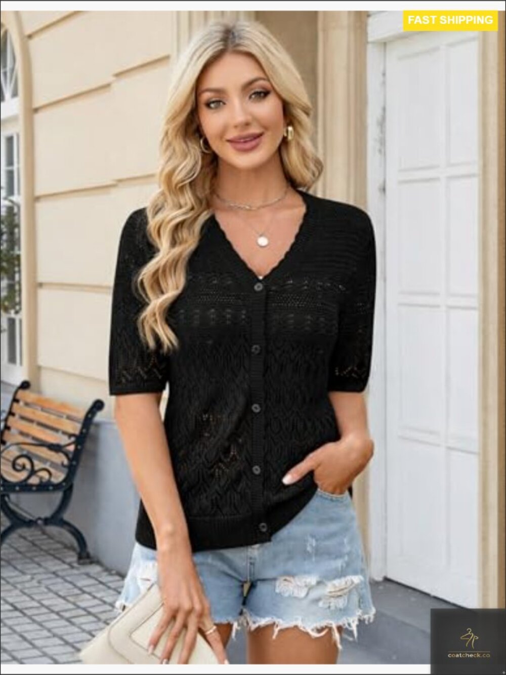 Crochet Short Sleeve Cardigan Lightweight Button Front Shrug for Summer - Picture 2 of 6